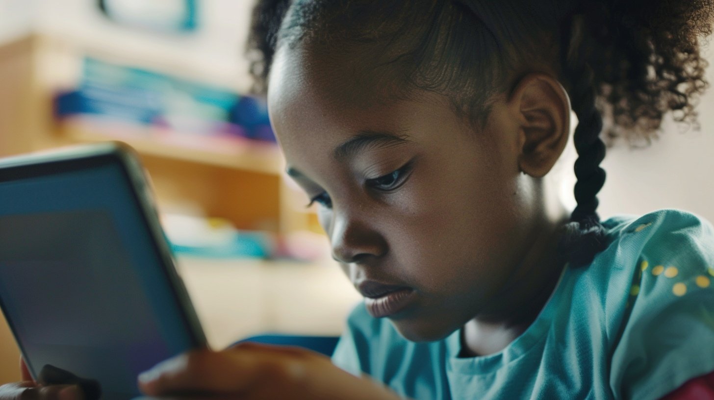 a black girl about 10 years old is sitting in a classroom looking at a tablet. She is concentrating and looks relaxed. The room is brightly lit.