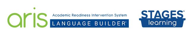 aris and stages logo combined horizontal blue small white